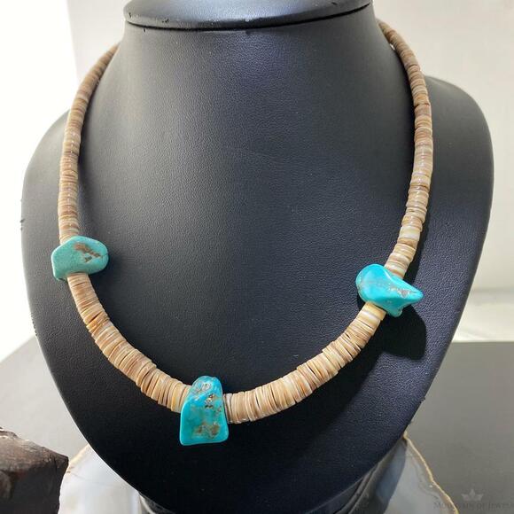 Vintage Native American Heishi Sea Shell Disk and Chunky Turquoise Necklace - Picture 3 of 11